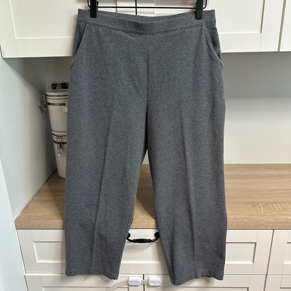 LL Bean Knit Pants Womens M Petite Gray Cotton Spandex Cropped Pockets Pull On